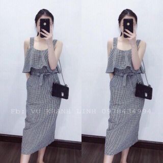 Đầm caro nơ eo