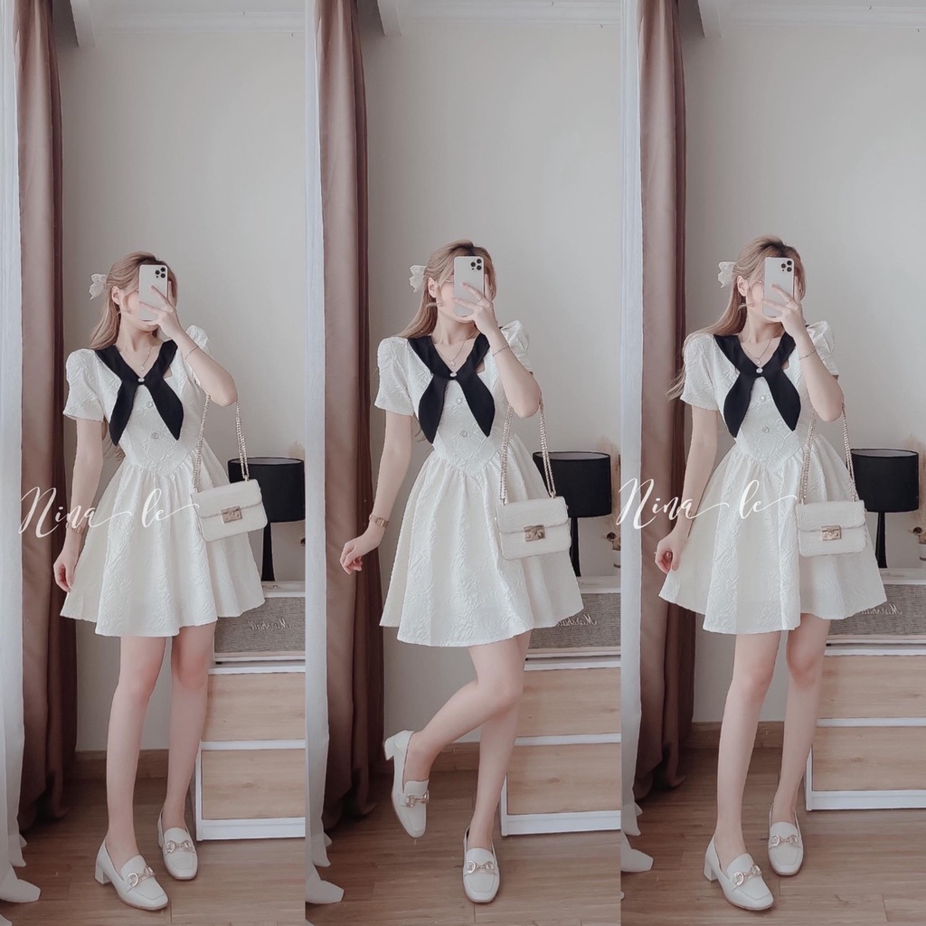 Váy hoa xốp cổ nơ-90