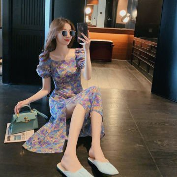 Đầm vintage hoa tím tay phồng dự tiệc đi biển Váy hoa ullzang dáng dài Đầm hoa nhí Vintage xẻ đùi Hàn Quốc