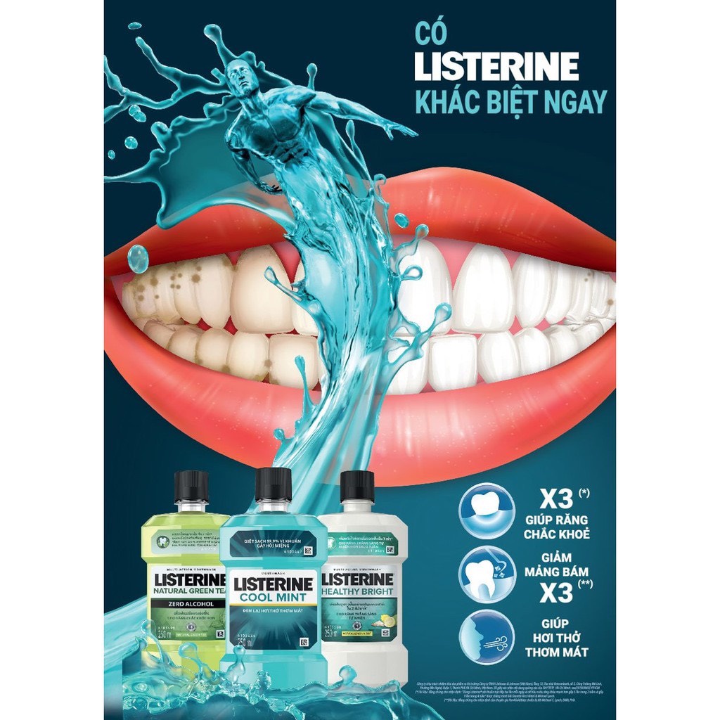 Nước súc miệng Listerine dệt khuẩn, giữ hơi thở thơm mát Listerine Coolmint Mouthwash 750ml - Tặng kèm chai 250ml