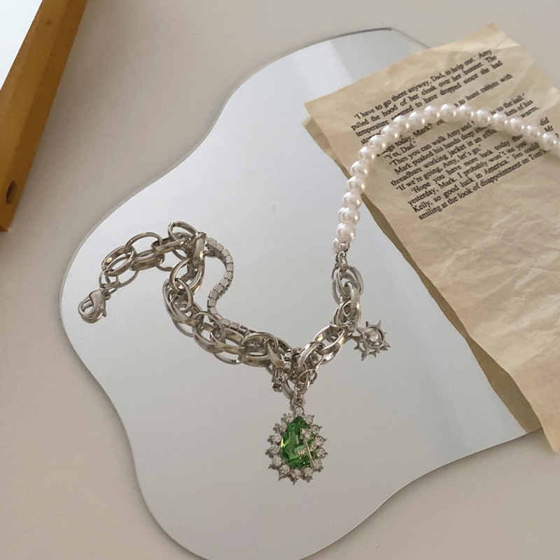 vòng cổ Đính Đá Xanh Phong Cách Vintage Hàn Quốc