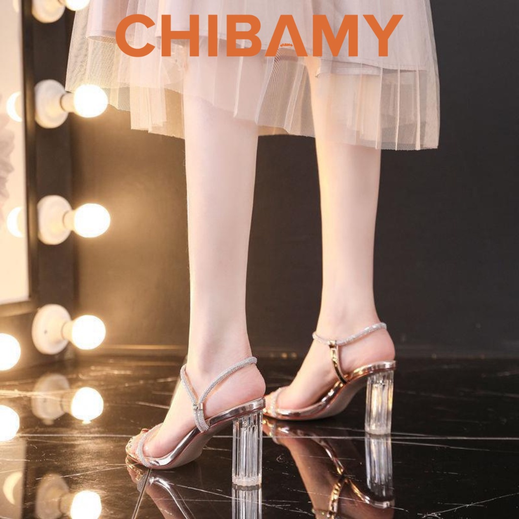 Giày sandal nữ cao gót quai đá Kim Sa, gót trụ trong cao 8cm