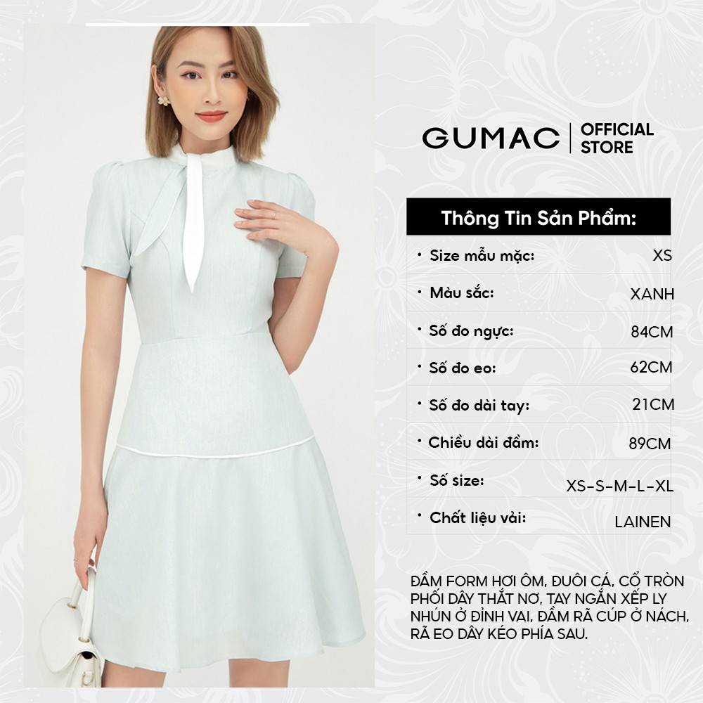 [Mã MABR07062 giảm 8% tối đa 50K đơn từ 249K] Đầm công sở nữ dáng xòe cột nơ GUMAC tay ngắn màu xanh nữ tính DB568 | BigBuy360 - bigbuy360.vn