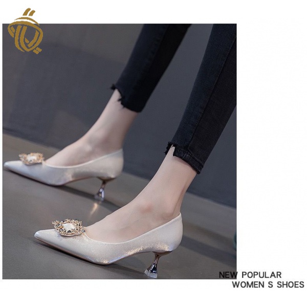 Giày Cao Gót 5cm Mũi Nhọn Bằng Satin Phong Cách Mùa Thu Mới 2021