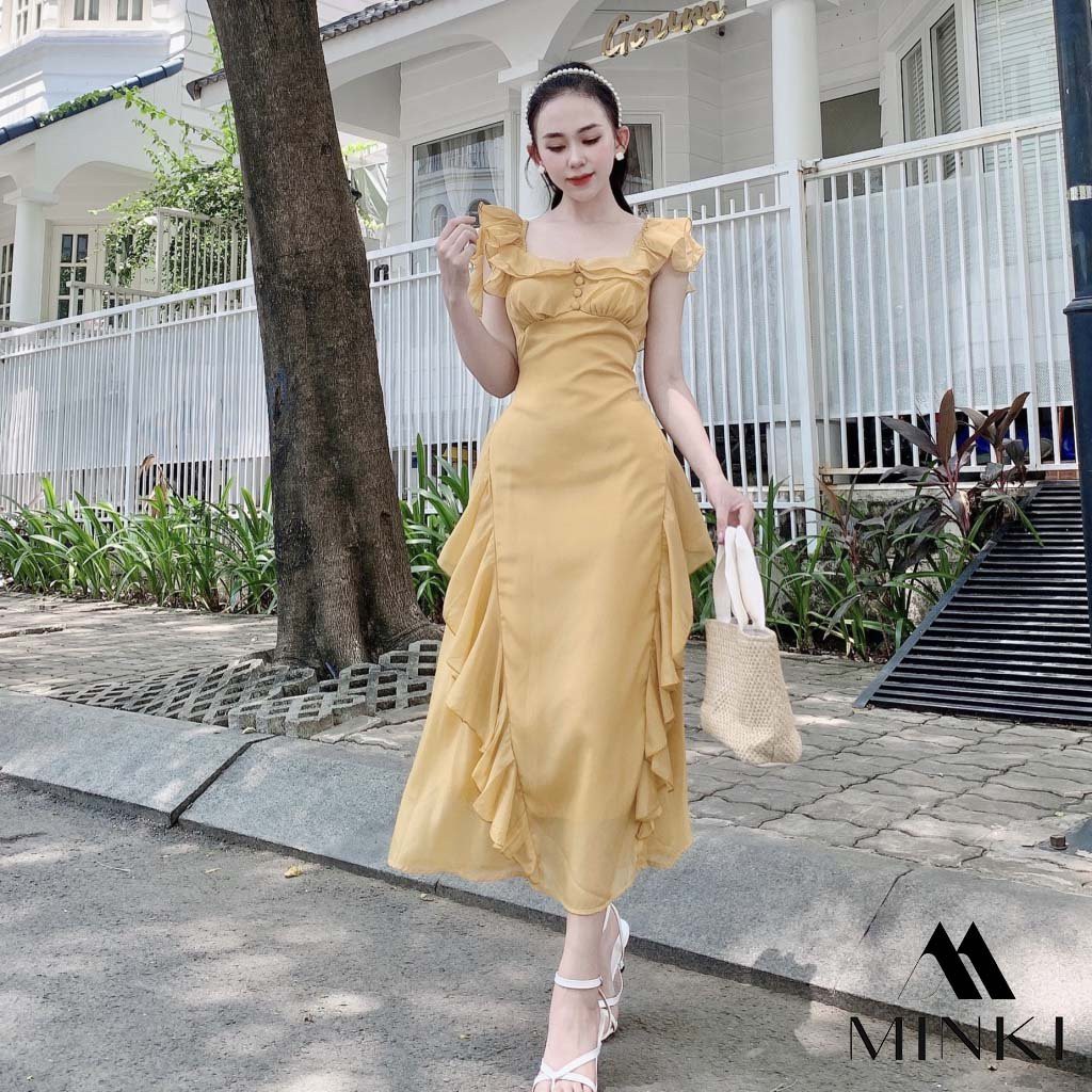 ĐẦM BÈO CÚC BỌC DỰ TIỆC - Chất Liệu Voan Tơ Cao Cấp - Màu Xanh Ngọc Và Vàng