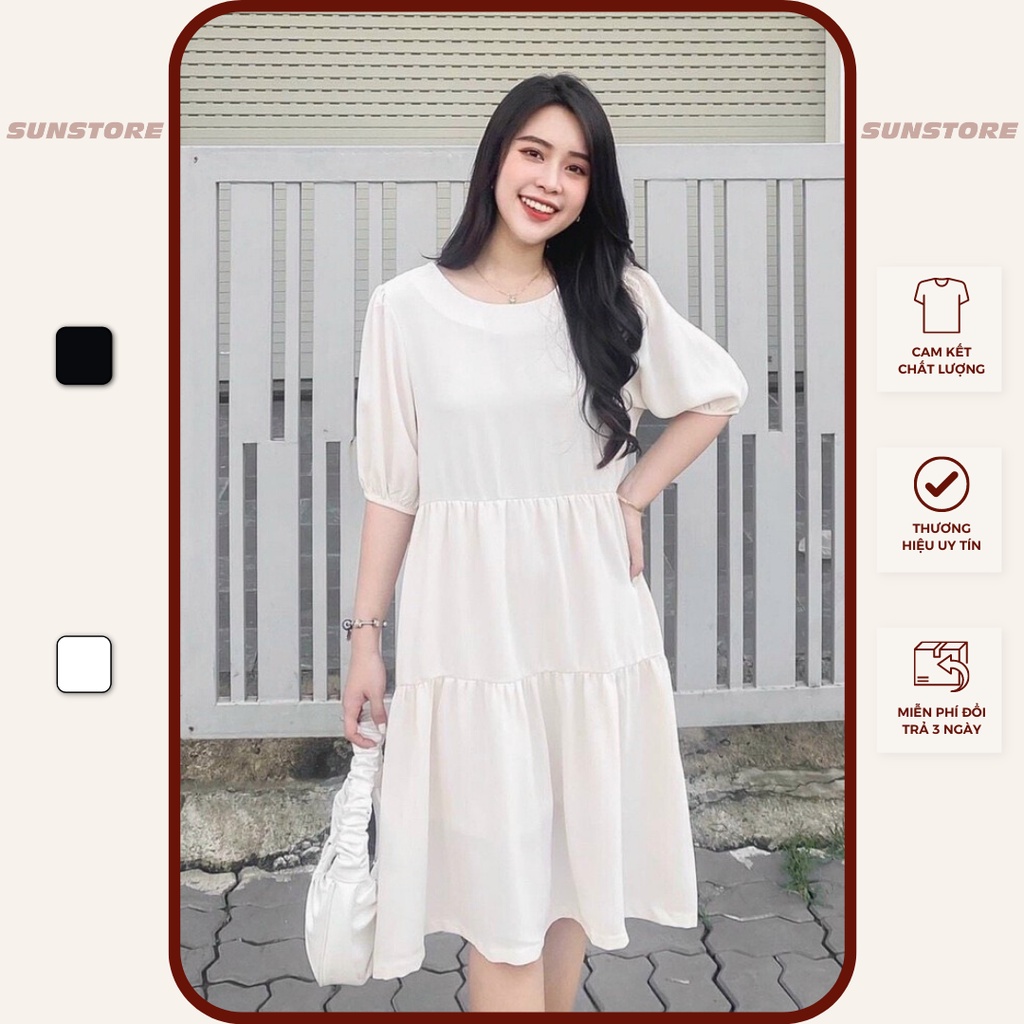 Đầm babydoll dáng dài midi váy xòe tay ngắn 2 màu trắng đen cổ điển