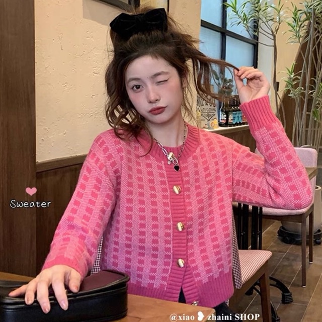 Áo khoác cardigan dệt kim mẫu ngắn dịu dàng, áo len mềm mại caro màu hồng phong cách Hàn Quốc