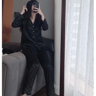 Pijama lụa ngủ dài tay đen hoạ tiết mimee nhiều mẫu