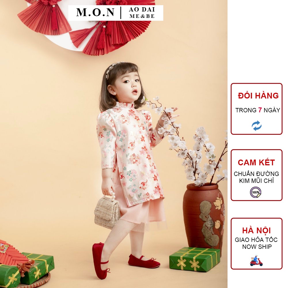 Áo Dài Gấm Bé Gái Tay Phồng Sẵn 2 Màu Đỏ - Hồng Cho Bé Từ 8kg Đến 33kg