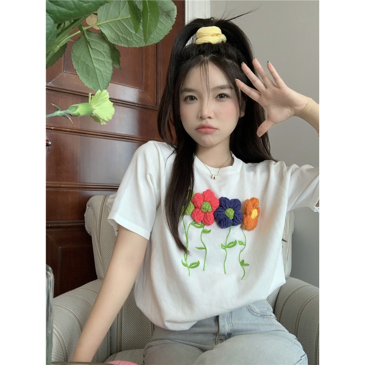 QOEDDV Áo Thun Ngắn Tay Dáng Rộng Thêu Hoa Thời Trang Hàn Quốc Dành Cho Nữ