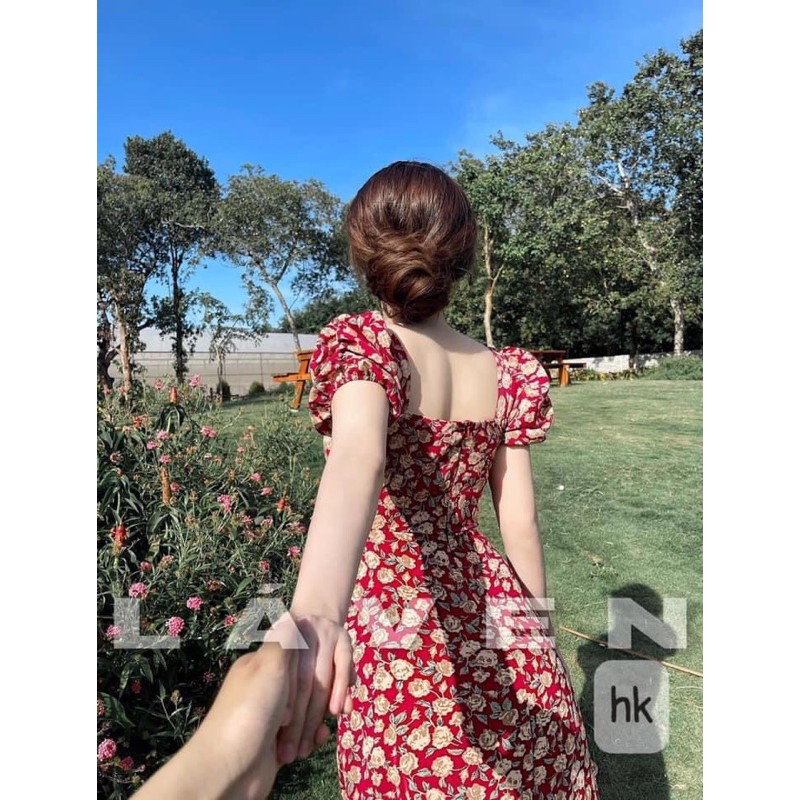 ⚡️BÁN SỈ⚡️Đầm hoa đỏ vintage cổ vuông xẻ chân | BigBuy360 - bigbuy360.vn