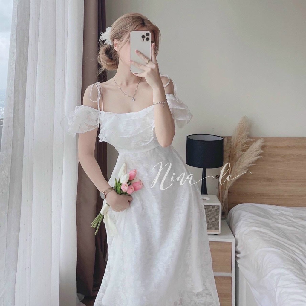 Đầm trắng trễ vai bèo cột dây tiểu thư xinh xắn Melon Dress