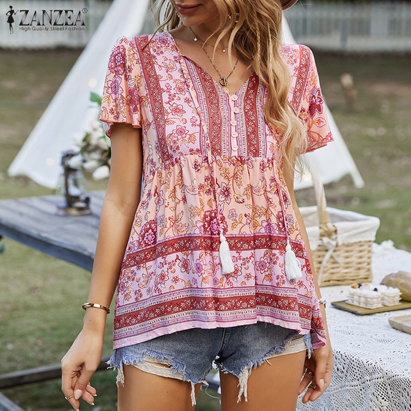 Zanzea Áo Kiểu Tay Ngắn Cổ Chữ V In Họa Tiết Thời Trang Cho Nữ