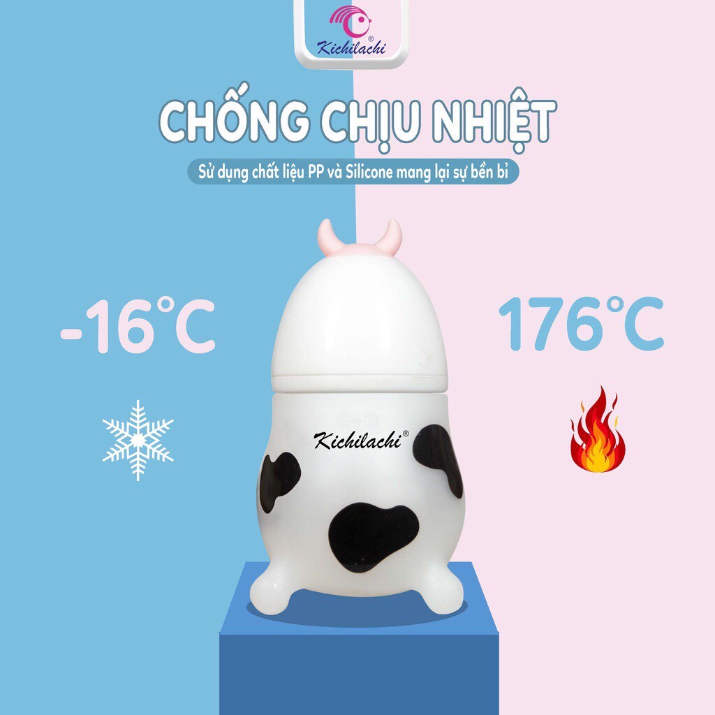 Bình Sữa Con Bò Kichilachi Silicon Cổ Rộng Cho Bé Sơ Sinh Dung Tích 260ml