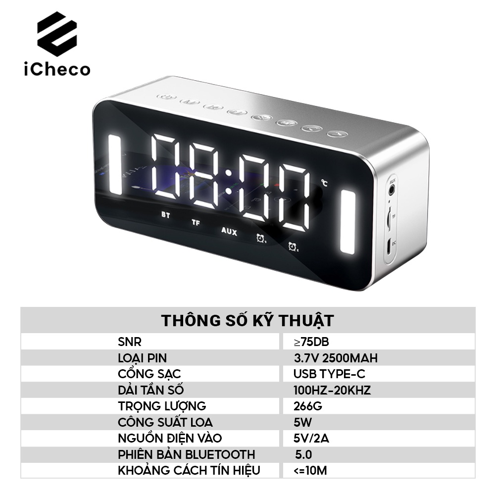 Loa bluetooth mini để bàn ICHECO LB01 tích hợp đồng hồ báo thức hỗ trợ nghe FM, radio