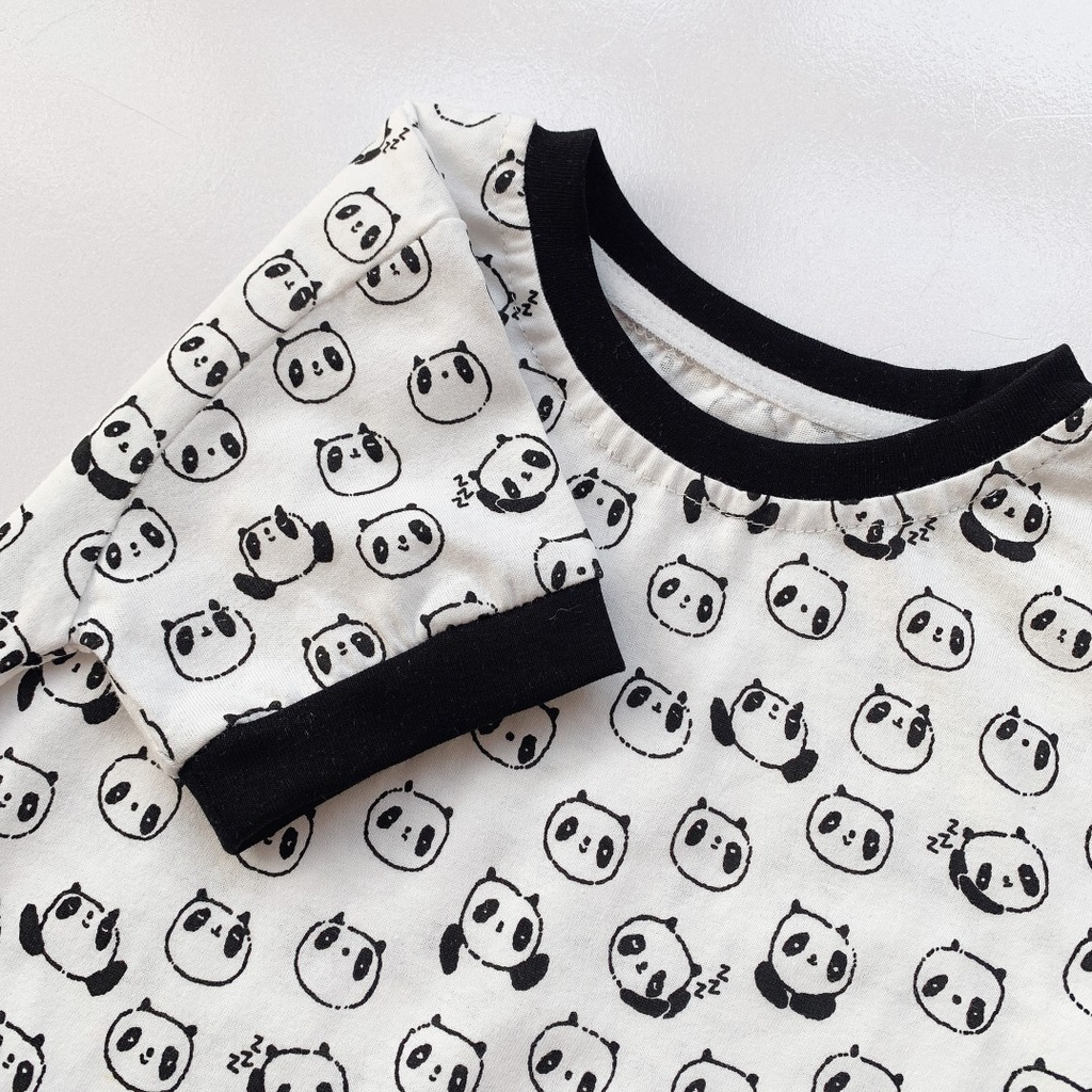 Bộ Áo Liền Quần Cotton Tay Ngắn In Họa Tiết Gấu Trúc Hoạt Hình Cho Bé Trai &amp; Gái 0-24 Tháng Tuổi