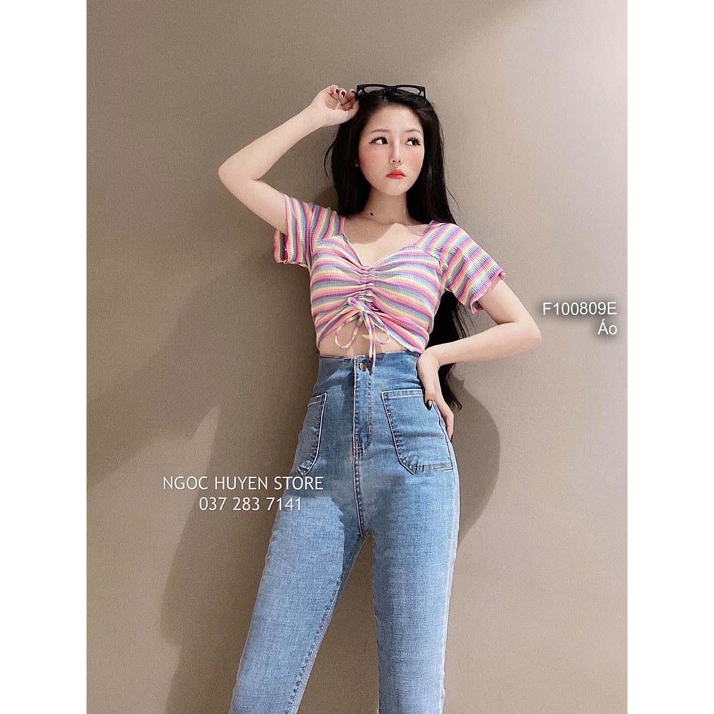 Áo thun gân sọc croptop phối màu rút ngực tay con!