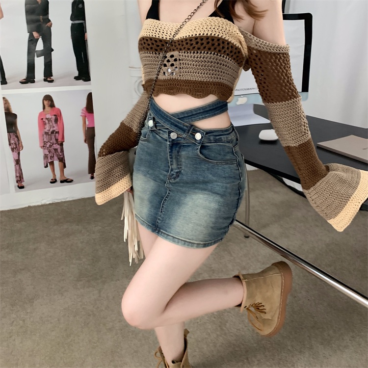 DUNEA Áo Croptop Dệt Kim Tay Loe Dài Thiết Kế Trễ Vai Quyến Rũ