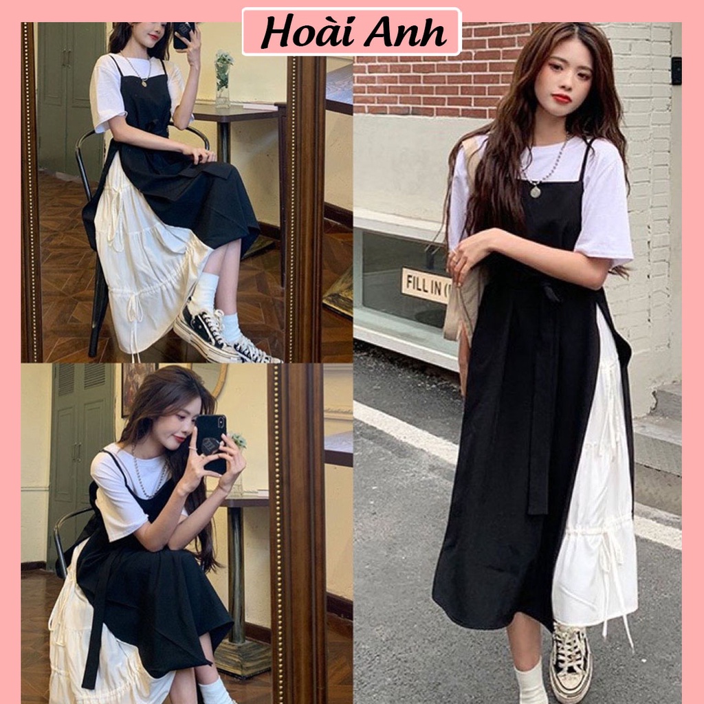 Set Váy Yếm 2 Lớp Đen Trắng Váy Yếm Nữ Dáng Suông Dài Mix Áo Croptop Trắng Freesize Style Hàn Quốc Ulzzang