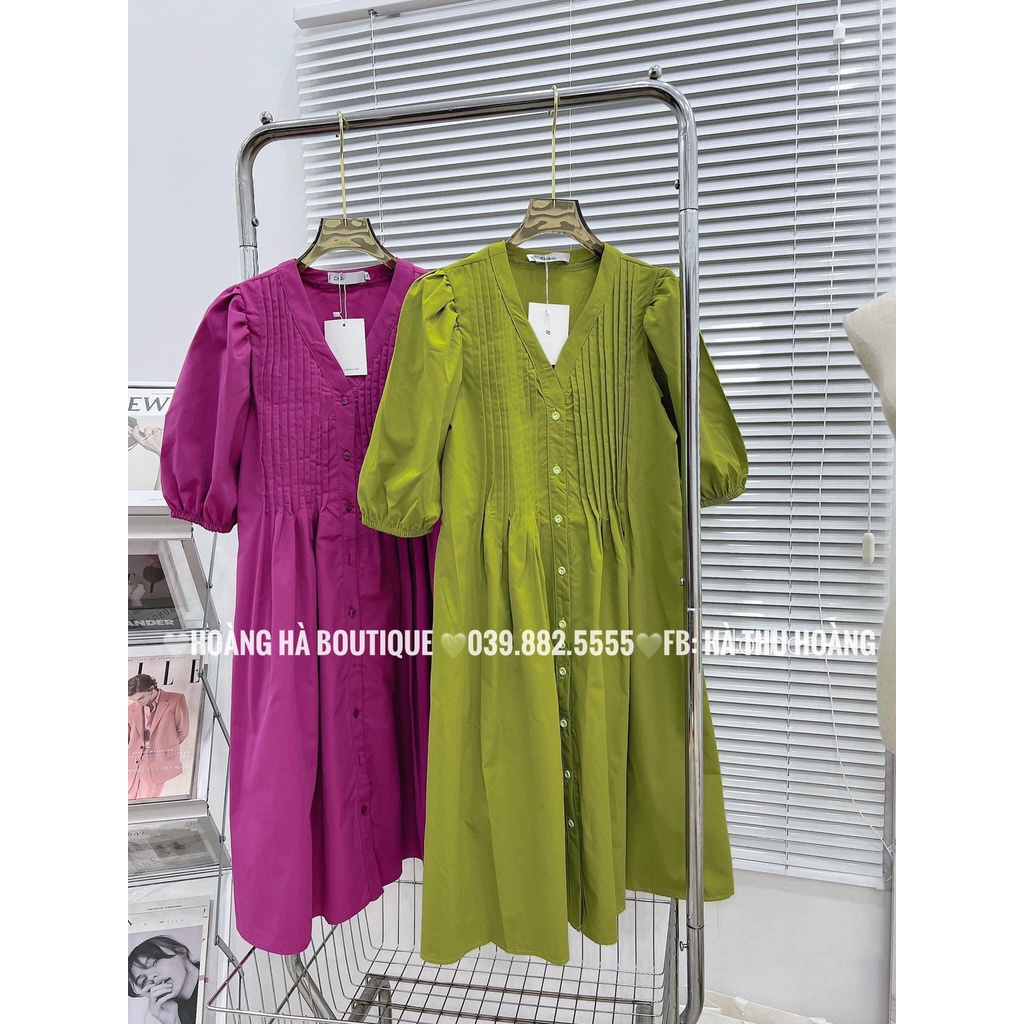 Đầm - Váy sơ mi xếp ly dọc chiết eo cổ V tay bồng dáng dài