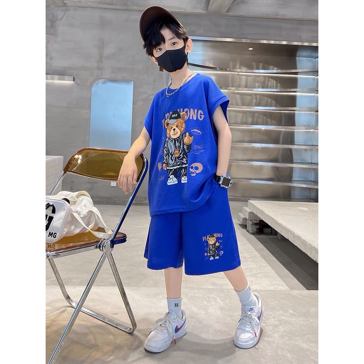 Bộ đồ bé trai Con Xinh cotton sát nách hình in GẤU SOLO,thời trang mùa hè dành cho trẻ em từ 4 đến 10 tuổi