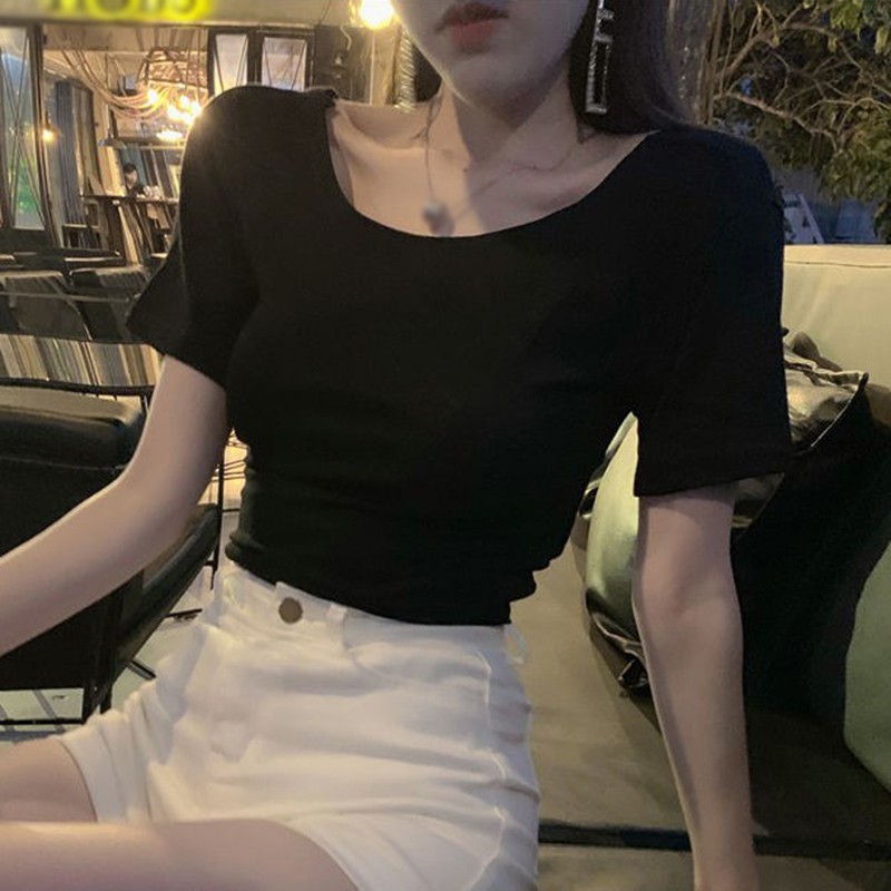 Áo Thun Tay Ngắn Cổ Tròn Phối Nơ Sau Lưng Thiết Kế Màu Trơn Thanh Lịch