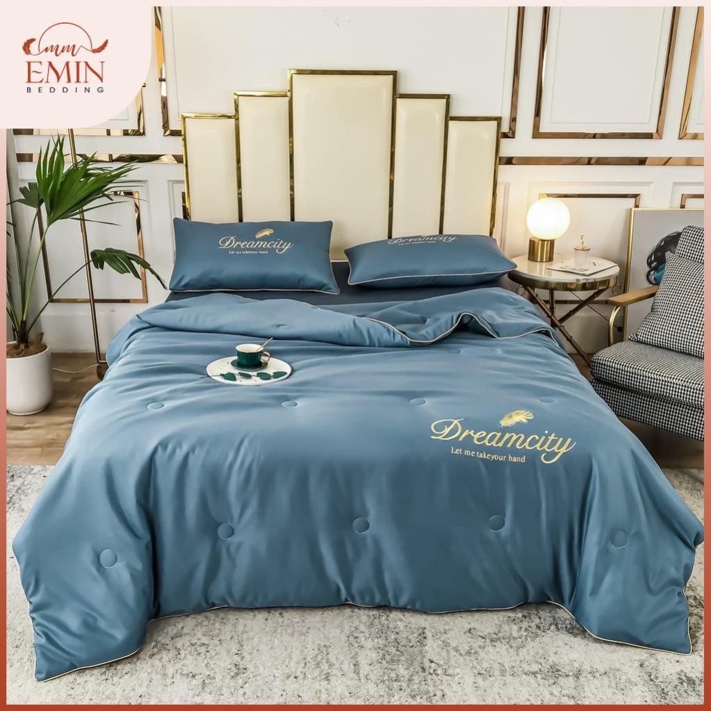 Bộ chăn ga gối lụa Dream City nhập khẩu cao cấp, chất lụa tencel chăn được chần bông mềm mịn thoáng mát