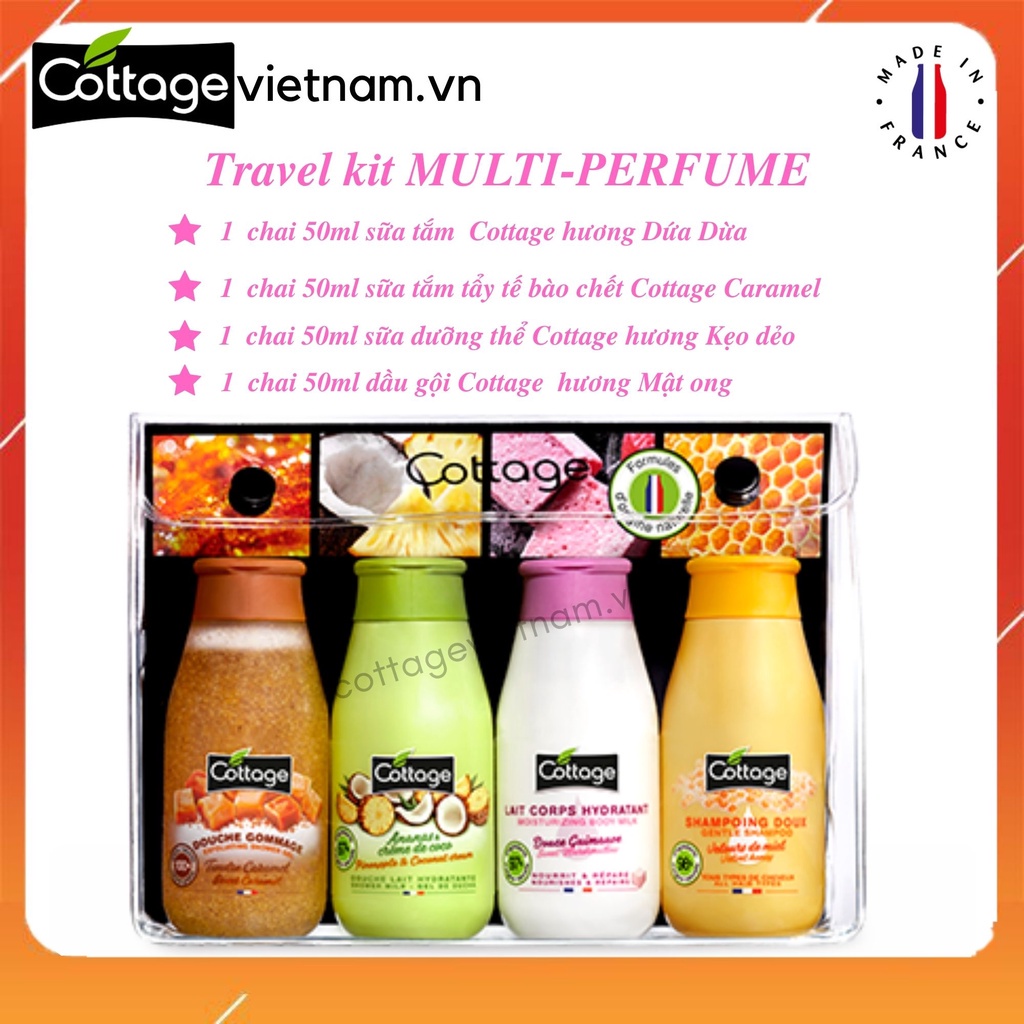 Set 4 Cottage sữa tắm, dưỡng thể, tẩy tế bào chết, dầu gội Cottage 50ml