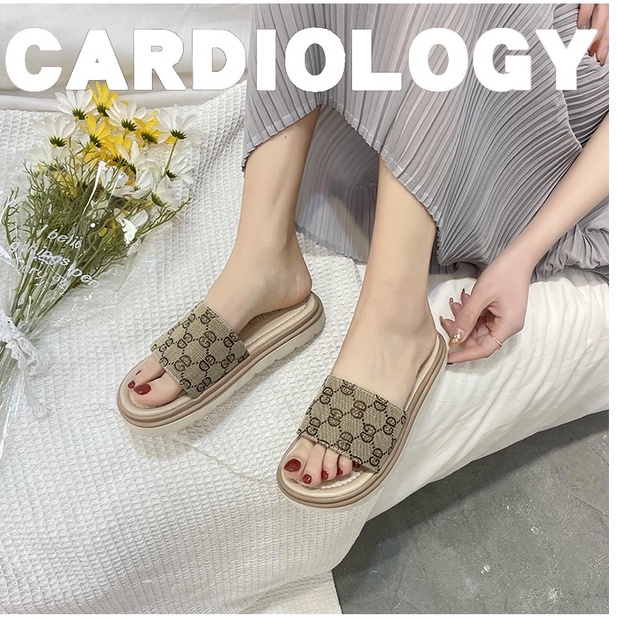 🎀  Dép Da Mềm Đế Dày Chống Trượt Phong Cách Hàn Quốc Thời Trang Mùa Hè Đi Trong Nhà Tắm Dép nữ mới mùa hè phiên bản Hàn Quốc dép đế dày một chữ Xiaoxiang gió màu cà phê và dép có chiều cao 5 cm Da Cosy Muffin Platform Sandals