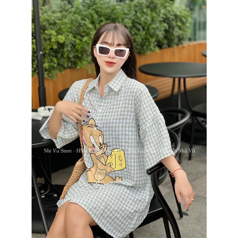Đầm thời trang nữ mặc đi chơi chất kate lụa kiểu sơ mi váy suông tya lững caro in hình Jerrry