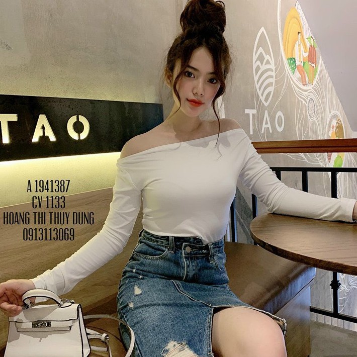 Áo trơn thun lụa dài tay trễ vai xinh xắn sang chảnh