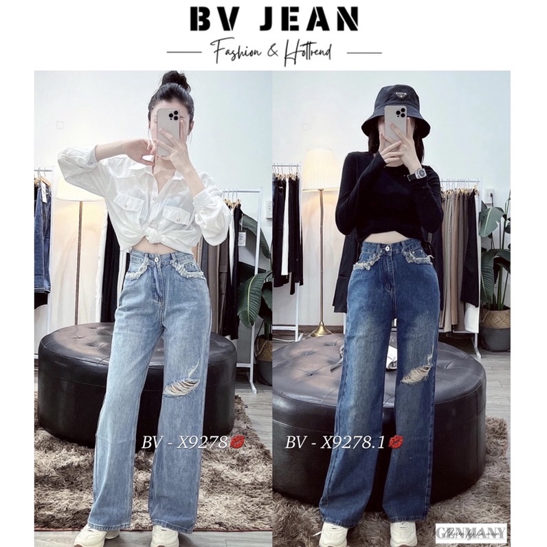 Quần Jean Xuông Nữ Rách Gối BV JEAN Quần Jean Ống Xuông Cạp Lưng Cao