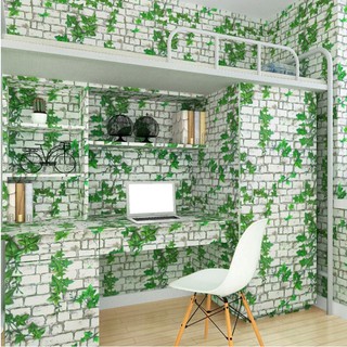 Cuộn 10m decal giấy dán tường  khổ 45cm keo sẵn mẫu TƯỜNG GẠCH TRẮNG LÁ XANH