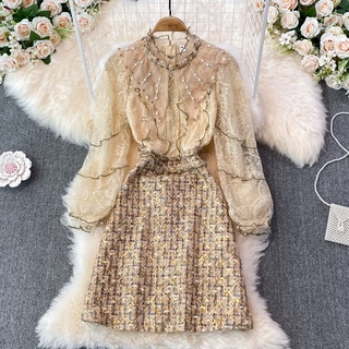 #1944 [Sẵn một số size] Đầm tay dài cổ sơ mi phong cách tiểu thư cao cấp Quảng Châu loại 1 đính cườm