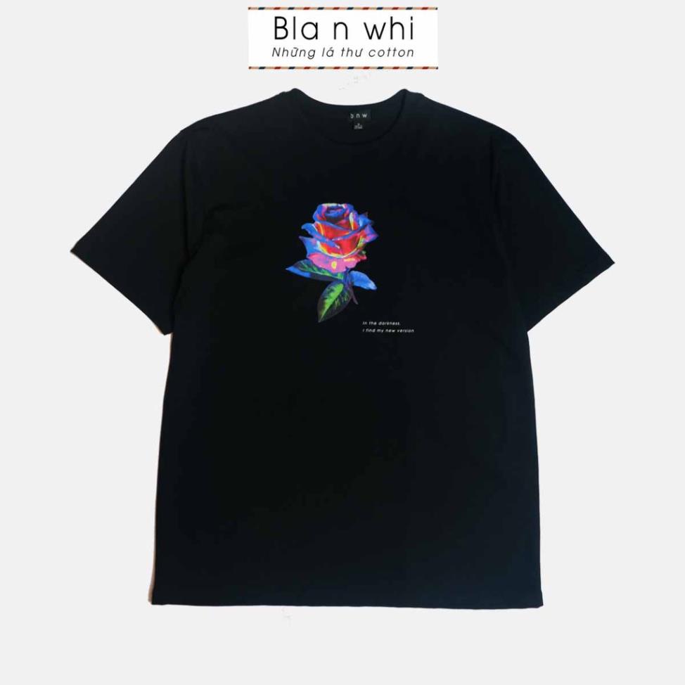 ' Áo thun cotton BNW bông hồng dạ quang cao cấp dáng Unisex form rộng màu đen basic ;