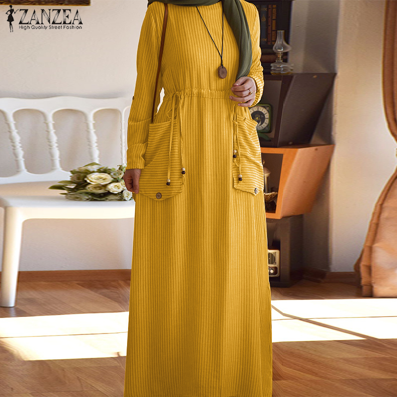 Đầm Maxi ZANZEA Tay Dài Hoạ Tiết Kẻ Sọc Cho Phụ Nữ Hồi Giáo