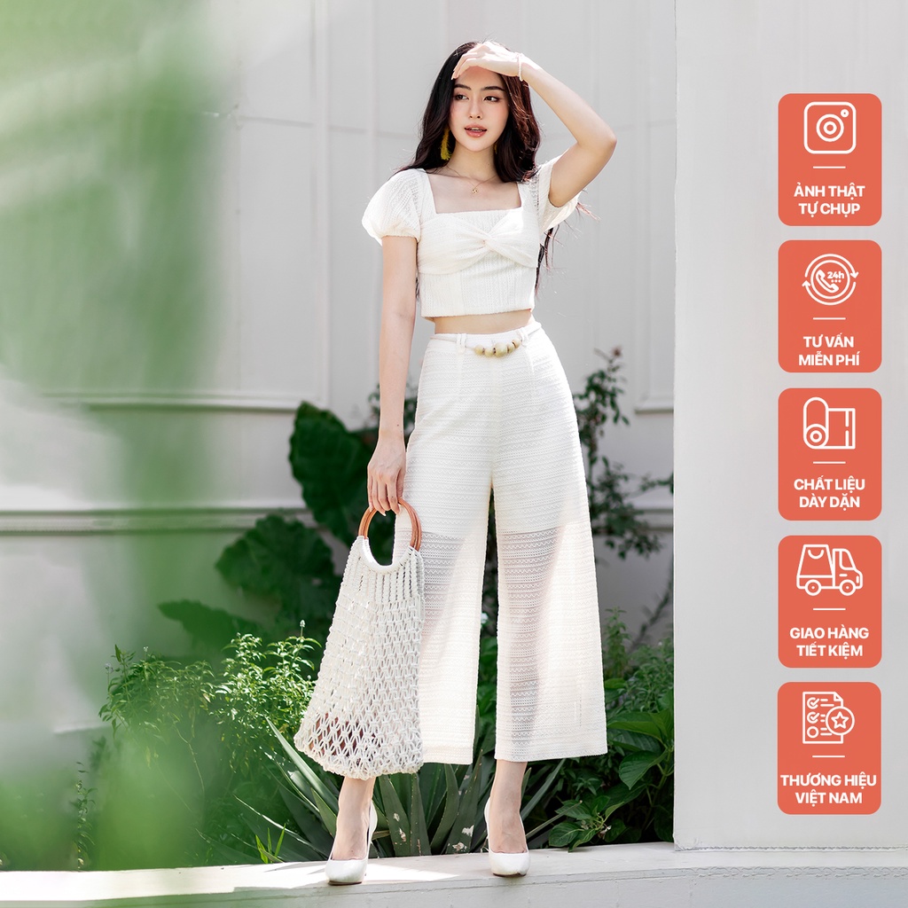 Quần suông ren đai hạt gỗ kem HT