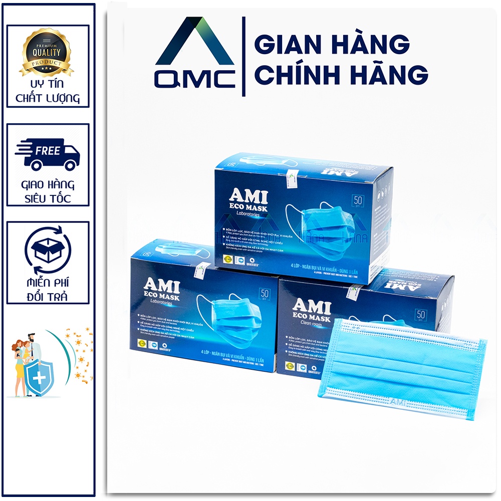 Khẩu trang y tế. Khẩu trang Ami 4 lớp màu Xanh &lt;Giá Sốc&gt; hàng chính hãng- Hộp 50 cái #QMC