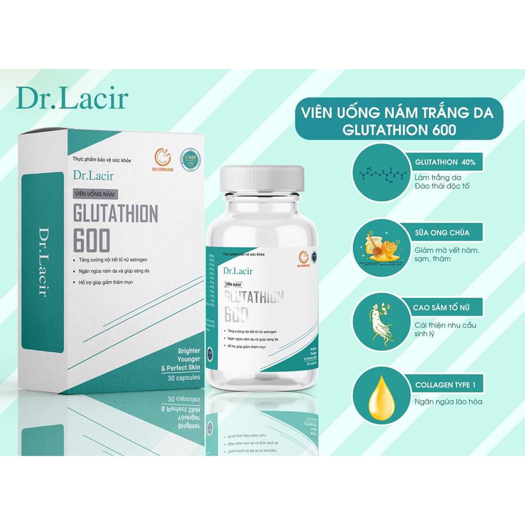 Viên Uống Nám Trắng Da GLUTATHIONE 600 Lamer - Dr Lacir ,hạn chế lão hoá da,nếp nhăn, tăng nội tiết tố nữ | Thế Giới Skin Care