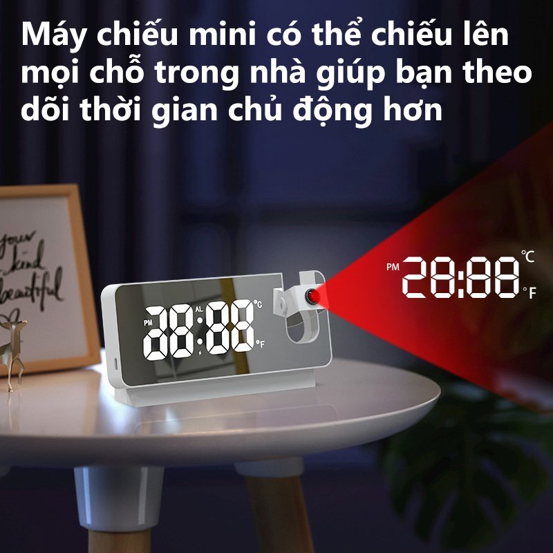 Đồng hồ led để bàn decor kiêm máy chiếu thời gian hiển thị nhiệt độ phòng có báo thức làm đèn trang trí phòng ngủ