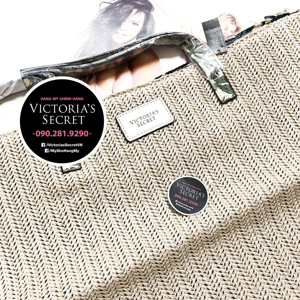 (Túi Bill Mỹ 86) Túi sợi tổng hợp, cá tính, in hoa mùa hè rực rỡ bên trong, có nút bấm - Victoria's Secret USA