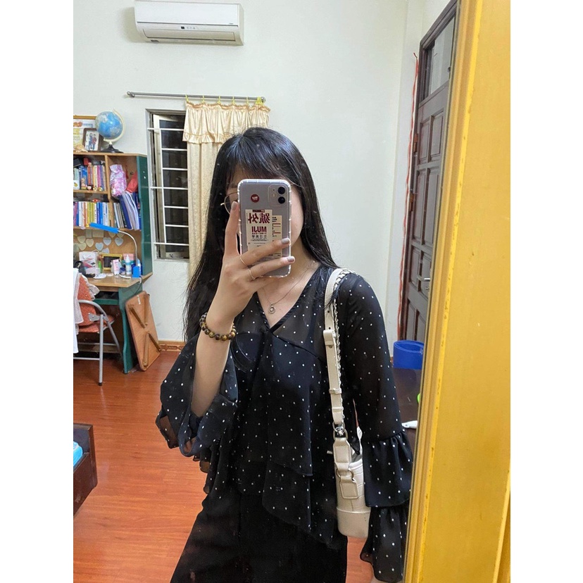 Áo voan nữ tay dài bèo cổ V họa tiết chấm bi thời trang Hàn Quốc SM02