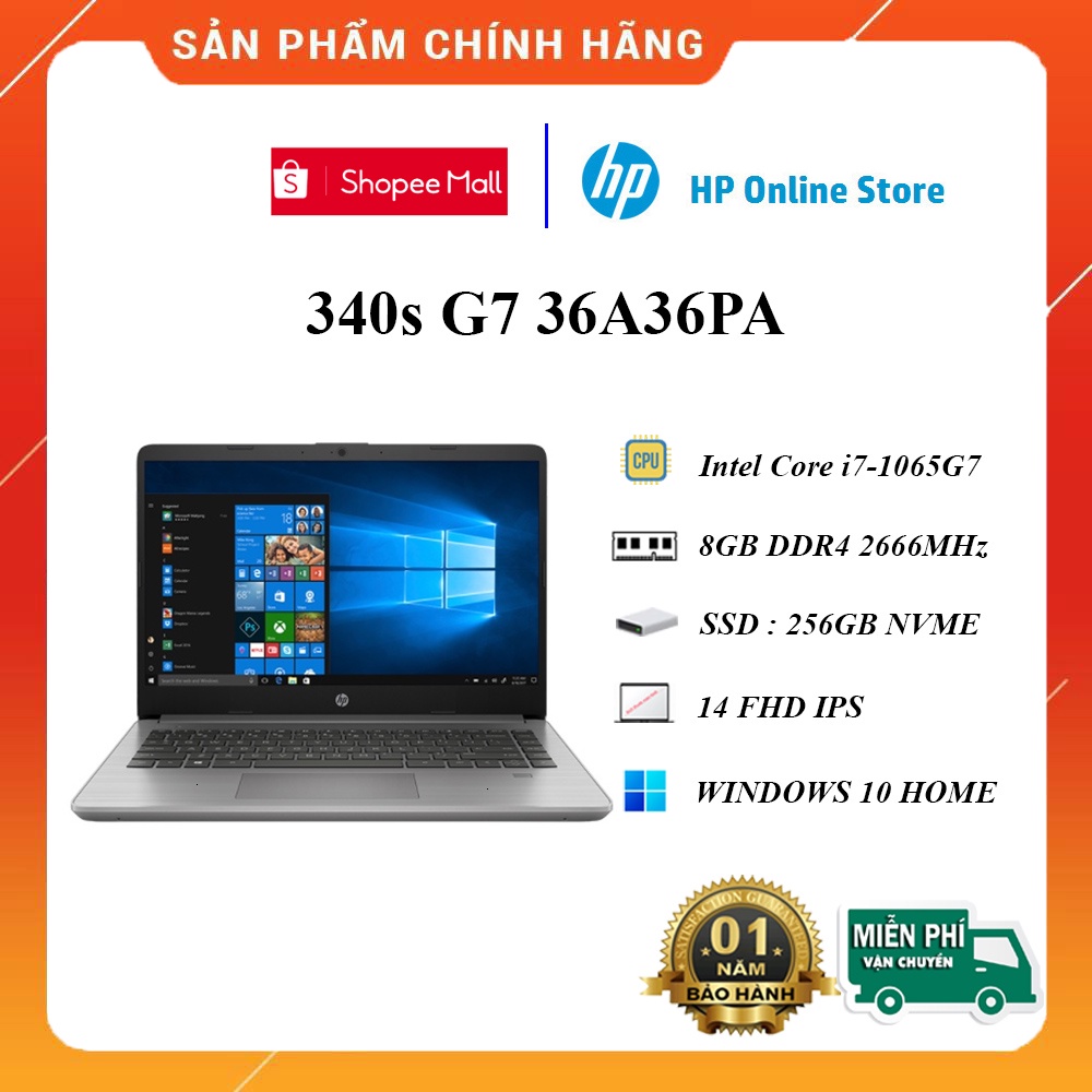 Laptop HP 340s G7 36A36PA (i7-1065G7/8GD4/256GSSD/14.0FHD/FP/WL/BT/3C41WHr/XÁM/W10SL) - Hàng chính hãng