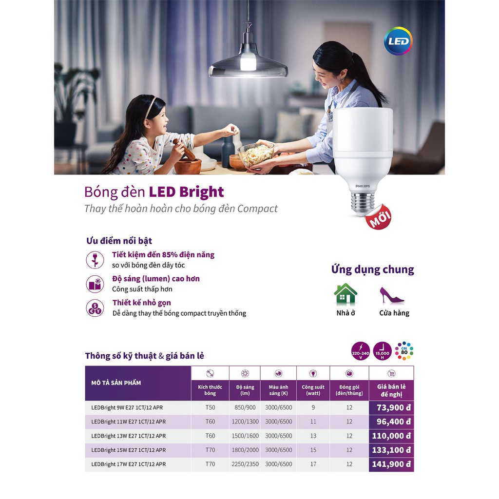 ( BỘ 4 ) BÓNG ĐÈN LED BRIGHT PHILIPS 9W E27 1CT/12 APR ( THAY THẾ CHO BÓNG COMPACT )