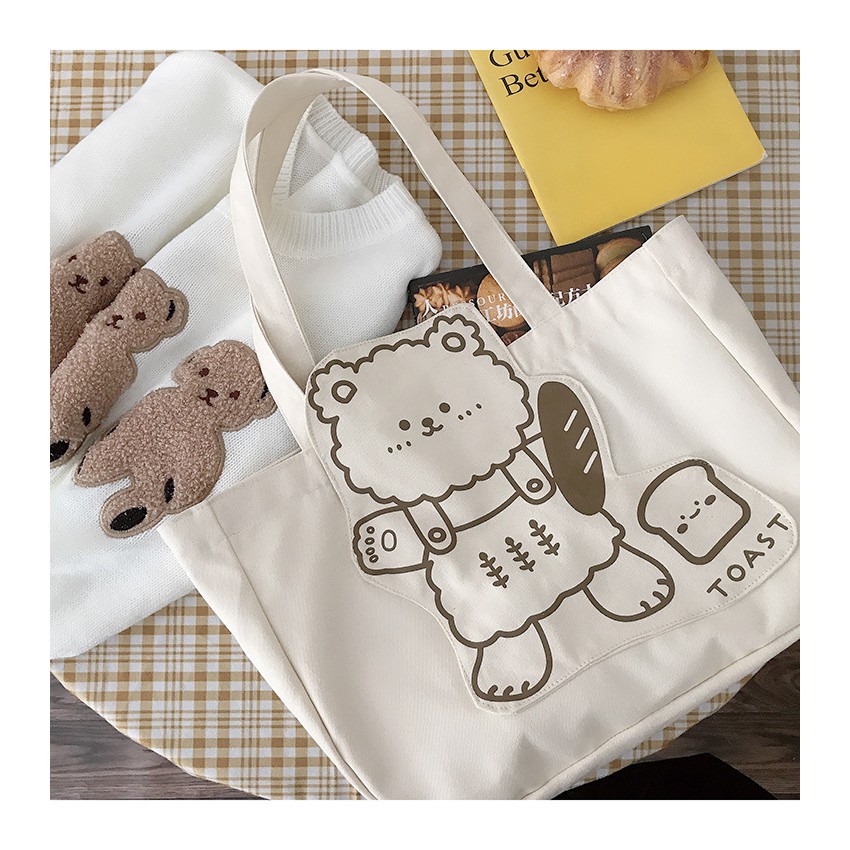 [Ảnh thật] Túi Khoác Vai Canvas Nữ ERASHOP 078358 - Gấu Toast Cute Dễ Thương Rẻ Đẹp