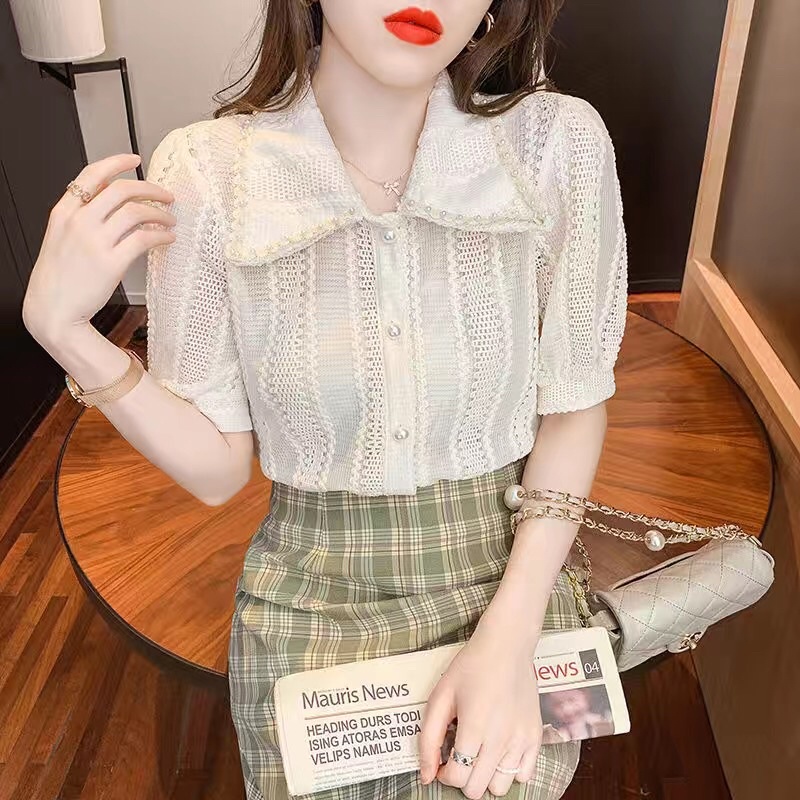 áo sơ mi voan phía dưới cổ áo cao cấp thiết kế cổ búp bê kiểu Pháp ngọt ngào và sang trọng của Pháp