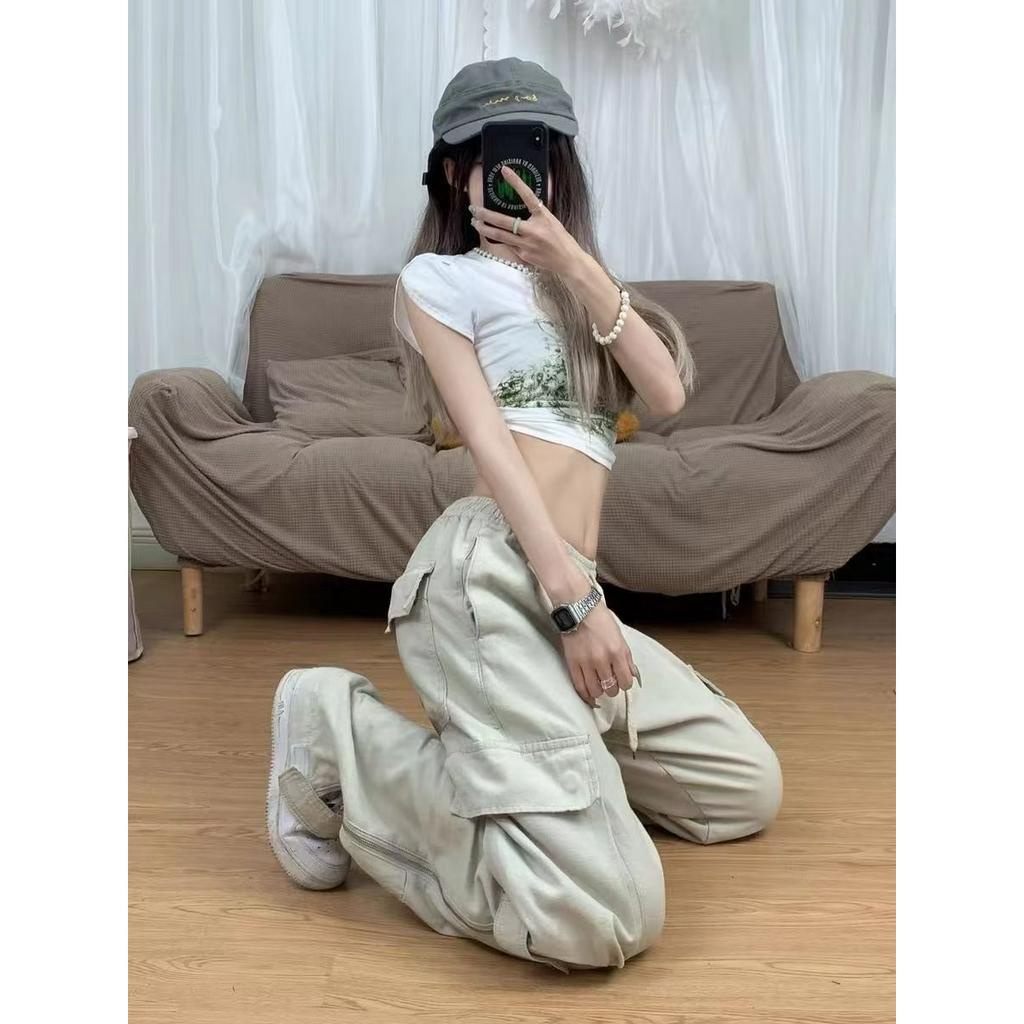 QADCOL Quần Dài Dáng Suông Rộng Phối Nhiều Túi Phong Cách retro Mỹ Dành Cho Nữ