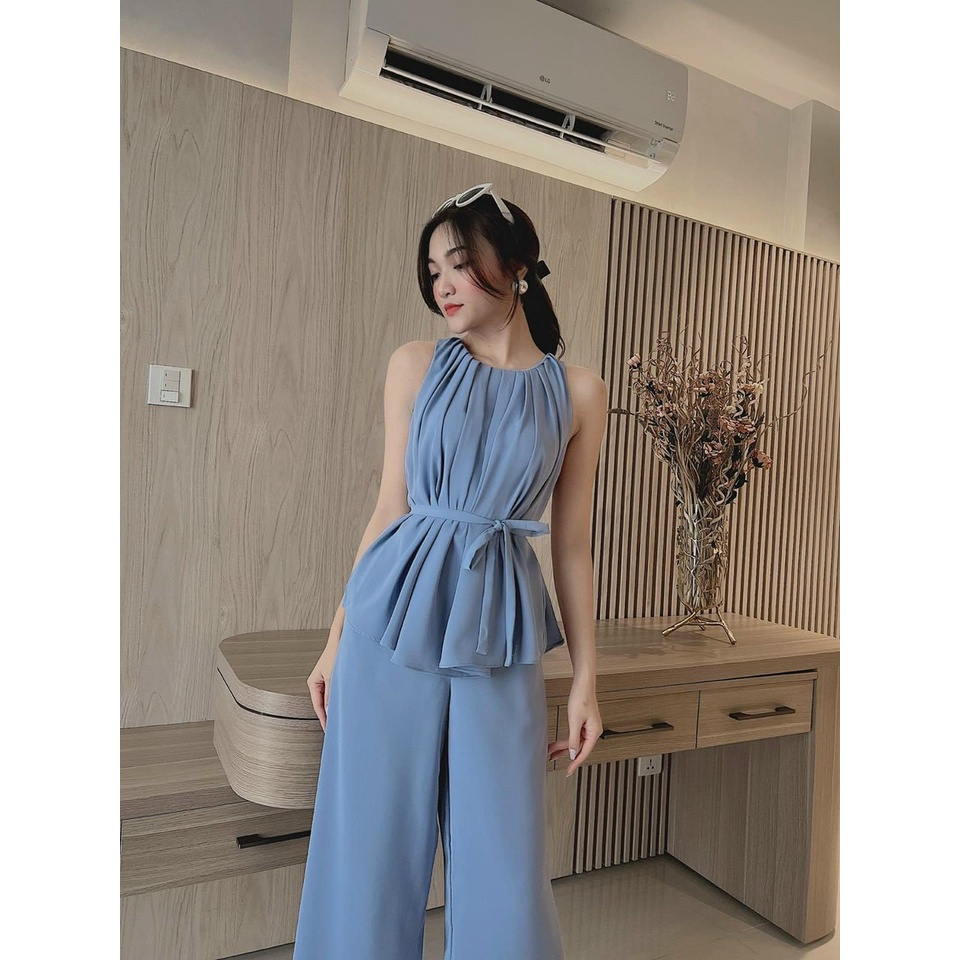 [Set bộ] Set áo và quần đi chơi phon cách cá tính với quần dài ống rộng kèm áo kiểu nữ cổ yếm có dây gút eo