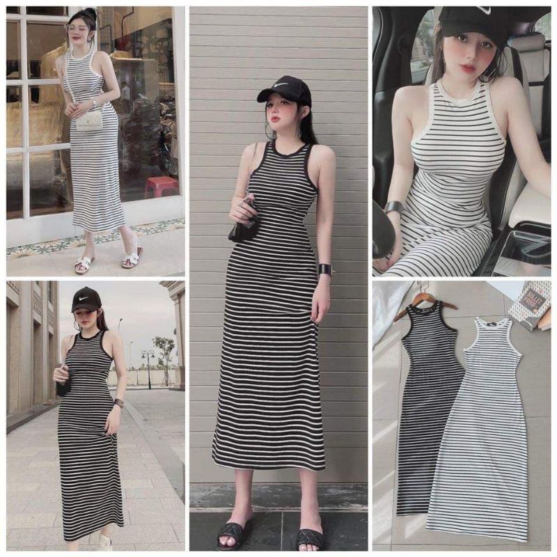 Đầm Thun Kẻ Sọc Ngang Ba Lỗ Sát Nách - Dáng Dài Maxi Ôm Body Sexy