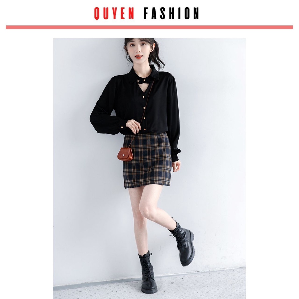 Áo sơ mi công sở kiểu dáng hàn quốc tay tiểu thư phồng Quyên Fashion AA557 màu đen cá tính